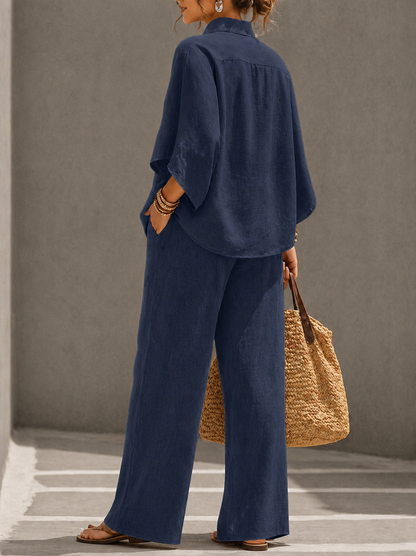 Maribel | Traje de lino con mangas murciélago y pantalón de pierna ancha