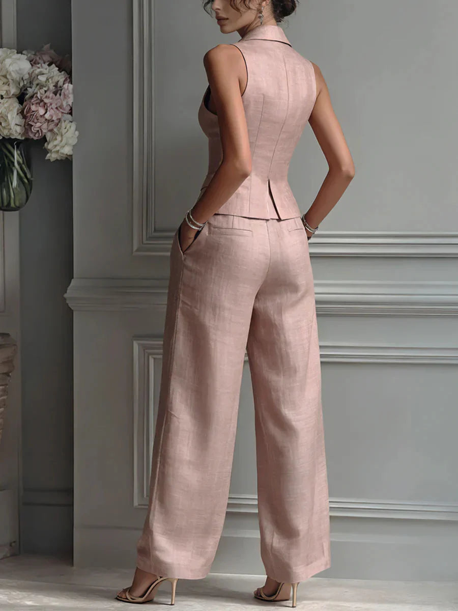 Traje de dos piezas con cuello en V y botones para mujer