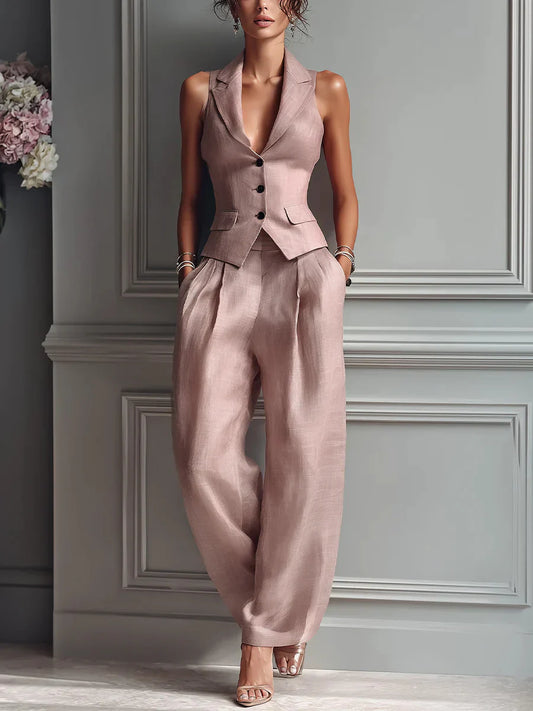 Traje de dos piezas con cuello en V y botones para mujer