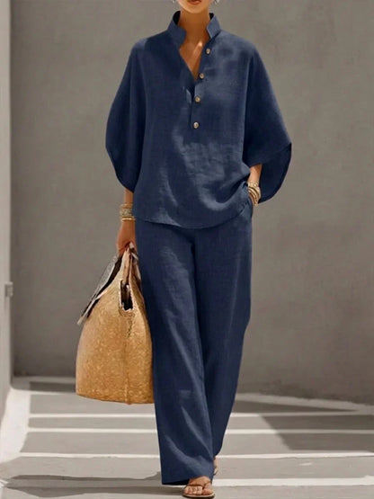 Maribel | Traje de lino con mangas murciélago y pantalón de pierna ancha